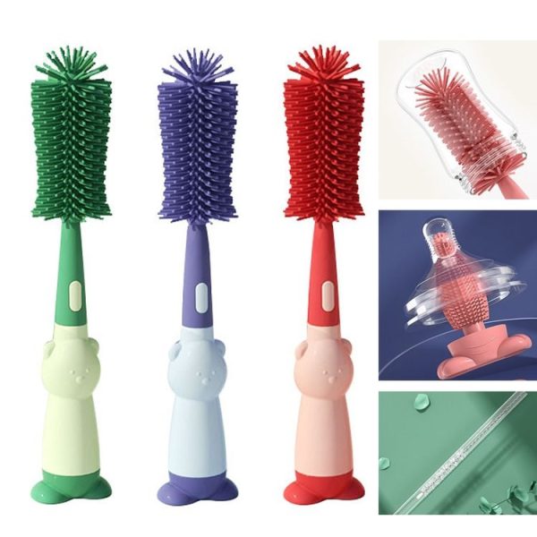 Portable 3 In 1 Food Grade Silicone Bottle Brush Set Multipurpose Baby Bottle Straw Cleaner Brush (Green) - Image 2