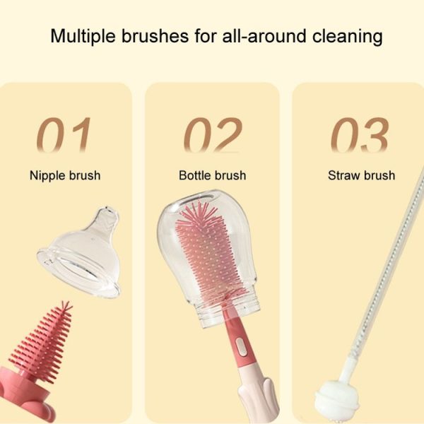 Portable 3 In 1 Food Grade Silicone Bottle Brush Set Multipurpose Baby Bottle Straw Cleaner Brush (Green) - Image 6