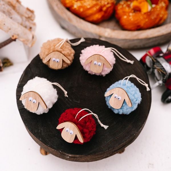 Christmas Tree Wooden Lambskin Lamb Pendant Holiday Decorations (Red) - Image 5
