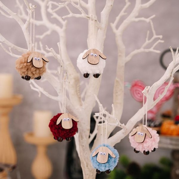 Christmas Tree Wooden Lambskin Lamb Pendant Holiday Decorations (Red) - Image 6