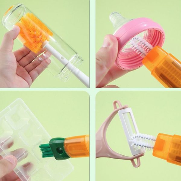 5 In 1 Multifunctional Cup Brush Long Carrot Washing Bottle Cup Lid Groove Cleaning Brush (Red-orange) - Image 10