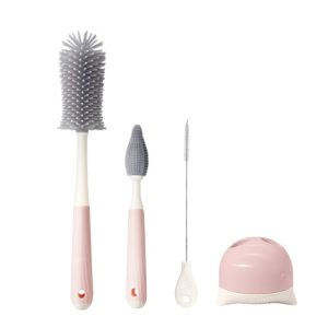 Silicone Rotating Multifunction Cleaning Cup Brush Set Bottle Nipple Straw Cleaner Brush (Straight Handle Pink)