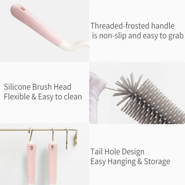 Silicone Rotating Multifunction Cleaning Cup Brush Set Bottle Nipple Straw Cleaner Brush (Straight Handle Pink) - Image 8