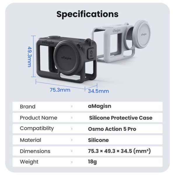 DJI Osmo Action 5 Pro aMagisn Silicone Protective Case with Lanyard and Lens Cap (Black) - Image 9