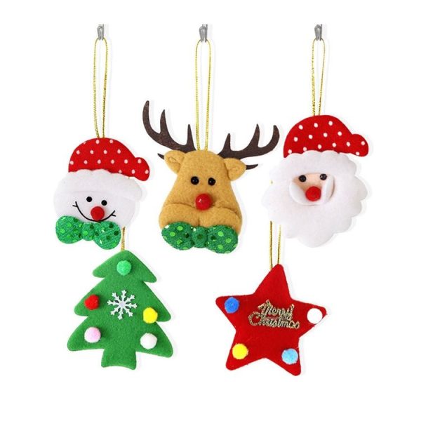 5pcs / Bag Christmas Tree Pendant Cartoon Santa Claus Elk Snowman Pentagram Plush Dolls Hanging Ornaments