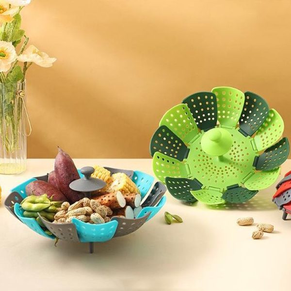 Household Foldable Plastic Lotus Steamer Kitchen Drainage Vegetable Storage Basket (Green) - Image 2