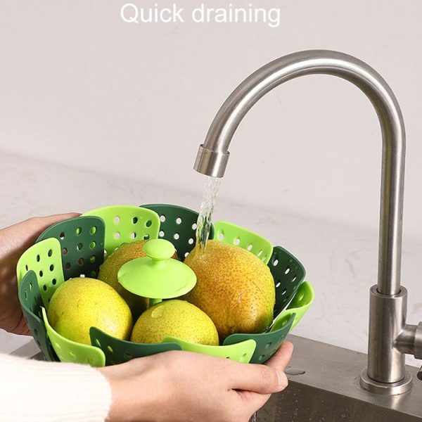 Household Foldable Plastic Lotus Steamer Kitchen Drainage Vegetable Storage Basket (Green) - Image 7