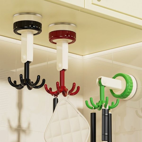 Multifunctional Kitchen Utensils Storage Shelf Household Kitchen Rotatable Suction Cup Hook (Red) - Image 2
