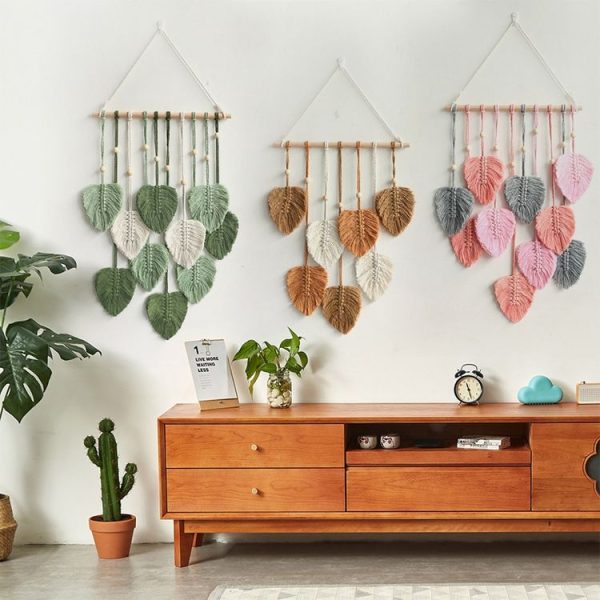 Hand Woven Leaf Macrame Wall Hanging Cotton Rope Leaf Tapestry Boho Room Home Decor, Color: Khaki - Image 3