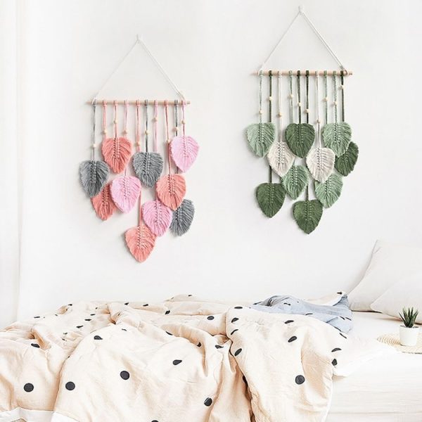 Hand Woven Leaf Macrame Wall Hanging Cotton Rope Leaf Tapestry Boho Room Home Decor, Color: Khaki - Image 4