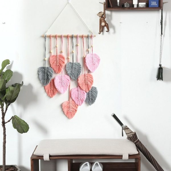 Hand Woven Leaf Macrame Wall Hanging Cotton Rope Leaf Tapestry Boho Room Home Decor, Color: Khaki - Image 5