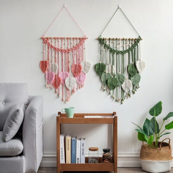 Hand Woven Leaf Macrame Wall Hanging Cotton Rope Leaf Tapestry Boho Room Home Decor, Color: Khaki - Image 6