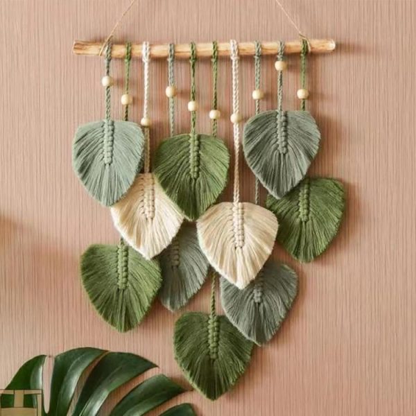 Hand Woven Leaf Macrame Wall Hanging Cotton Rope Leaf Tapestry Boho Room Home Decor, Color: Khaki - Image 7