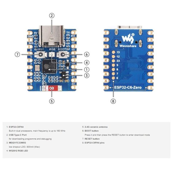 Waveshare ESP32-C6 Mini WiFi 6 & Bluetooth 5 Dual Processors Development Board, Spec: Zero - Image 5