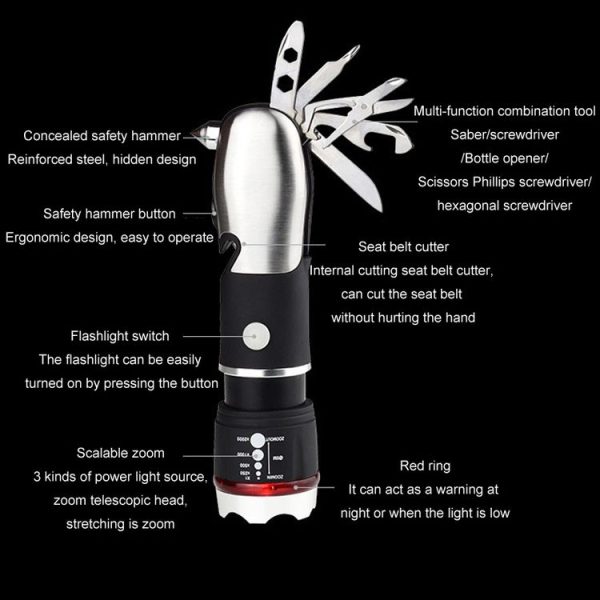 Outdoor Window Breaking Escape Safety Hammer Emergency Flashlight (Black White) - Image 4