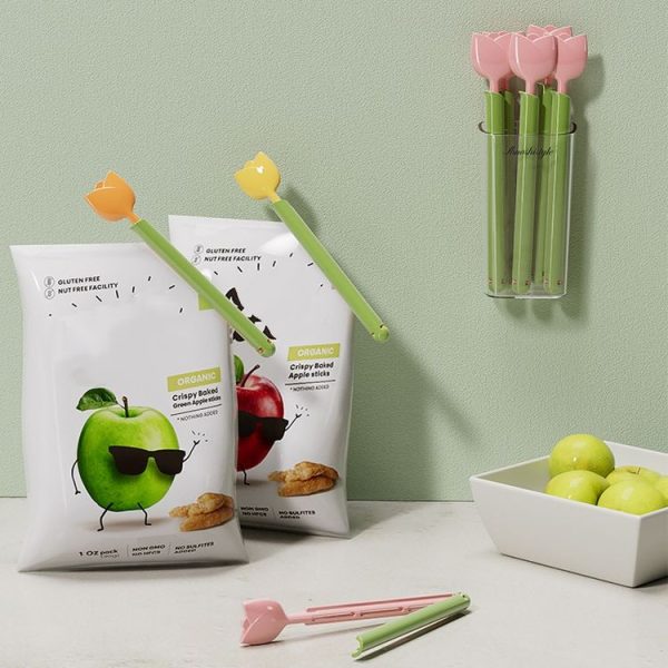 5pcs / Box Tulip Shaped Food Bag Sealing Clip Portable Snack Bread Sealing Clip With Magnetic Storage Box (Pink) - Image 2