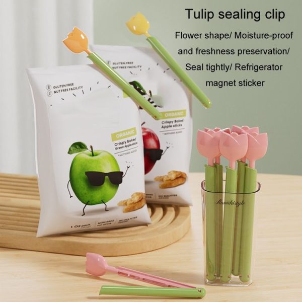 5pcs / Box Tulip Shaped Food Bag Sealing Clip Portable Snack Bread Sealing Clip With Magnetic Storage Box (Pink) - Image 6