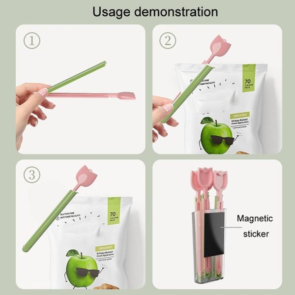 5pcs / Box Tulip Shaped Food Bag Sealing Clip Portable Snack Bread Sealing Clip With Magnetic Storage Box (Pink) - Image 9