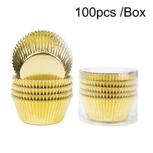100pcs / Box Muffin Cake Paper Cups Baking Paper Tray Thickened Aluminum Foil Oil-proof Cupcake Liner (Gold)
