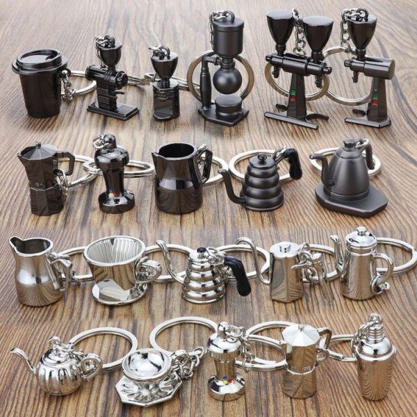 Mini Metal Keychain Coffee Utensils Decorative Pendant, Style: Powder Hammer Silver - Image 2