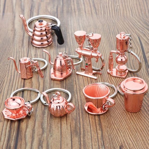 Mini Metal Keychain Coffee Utensils Decorative Pendant, Style: Powder Hammer Silver - Image 3
