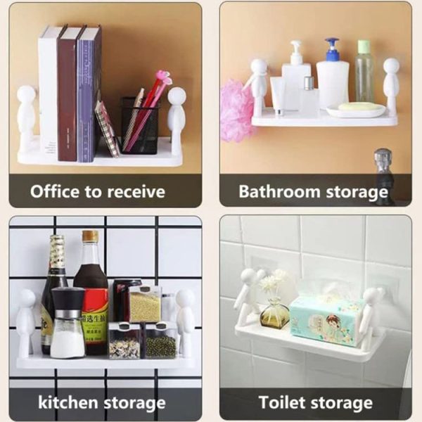 2pcs Small Person Shape Simple Wall Mounted Suction Cup Shelf Bathroom Cosmetic Storage (White) - Image 7