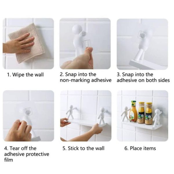 2pcs Small Person Shape Simple Wall Mounted Suction Cup Shelf Bathroom Cosmetic Storage (White) - Image 8