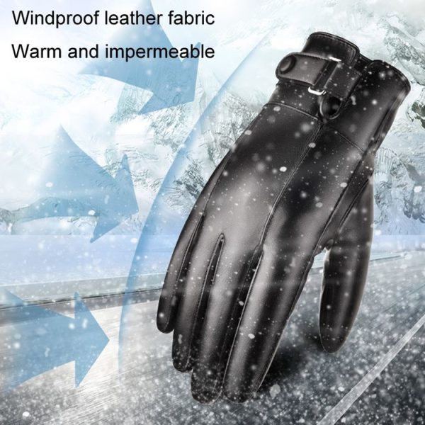 Fall Winter Men Leather Gloves PU Velvet Warm Riding Driving Touchscreen Gloves, Size: Average (Black) - Image 4