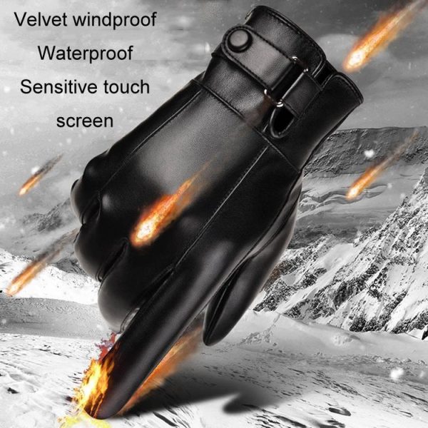 Fall Winter Men Leather Gloves PU Velvet Warm Riding Driving Touchscreen Gloves, Size: Average (Black) - Image 5