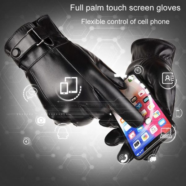 Fall Winter Men Leather Gloves PU Velvet Warm Riding Driving Touchscreen Gloves, Size: Average (Black) - Image 6