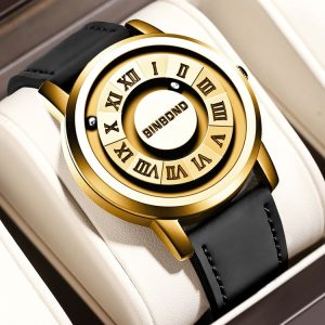 BINBOND B234 30m Waterproof Magnetic Suspension Watch, Color: Black Leather-Full Gold-Gold