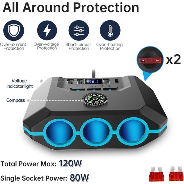 TR52 Car Cigarette Lighter One To Three With Switch Voltage Display - Image 2