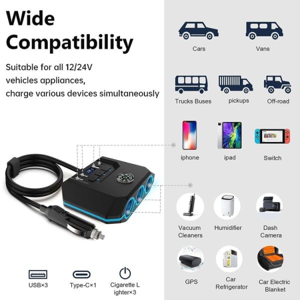 TR52 Car Cigarette Lighter One To Three With Switch Voltage Display - Image 3