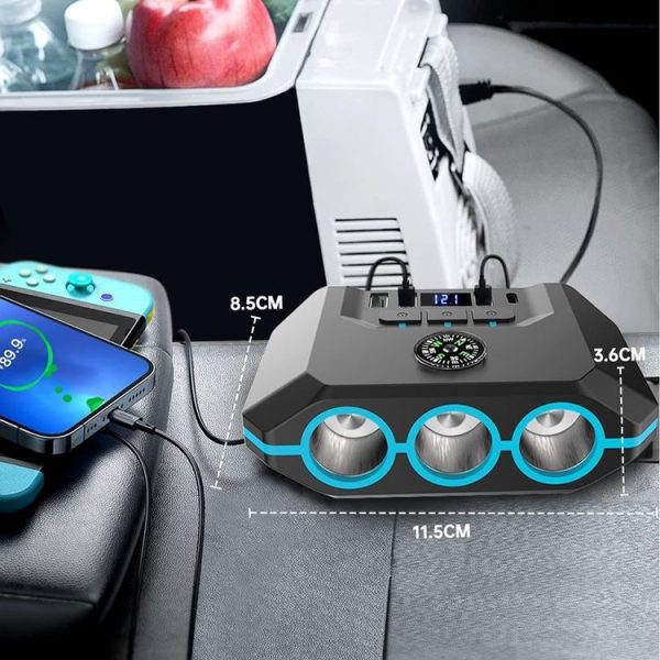 TR52 Car Cigarette Lighter One To Three With Switch Voltage Display - Image 4