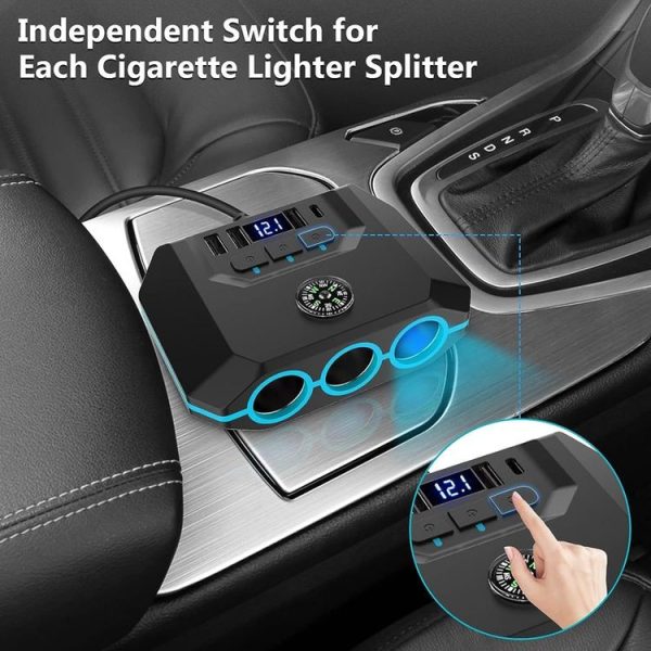 TR52 Car Cigarette Lighter One To Three With Switch Voltage Display - Image 6