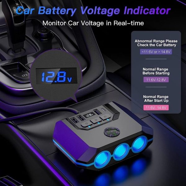 TR52 Car Cigarette Lighter One To Three With Switch Voltage Display - Image 7