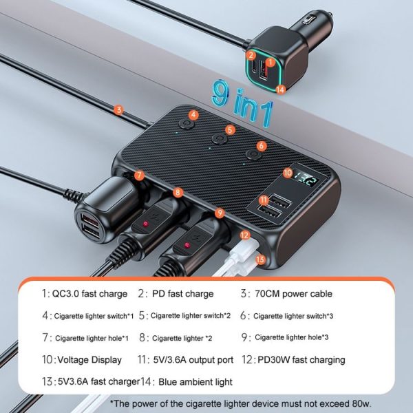 C29 9 In 1 Car Cigarette Lighter Powerful Fast Charger With Voltage Display - Image 3