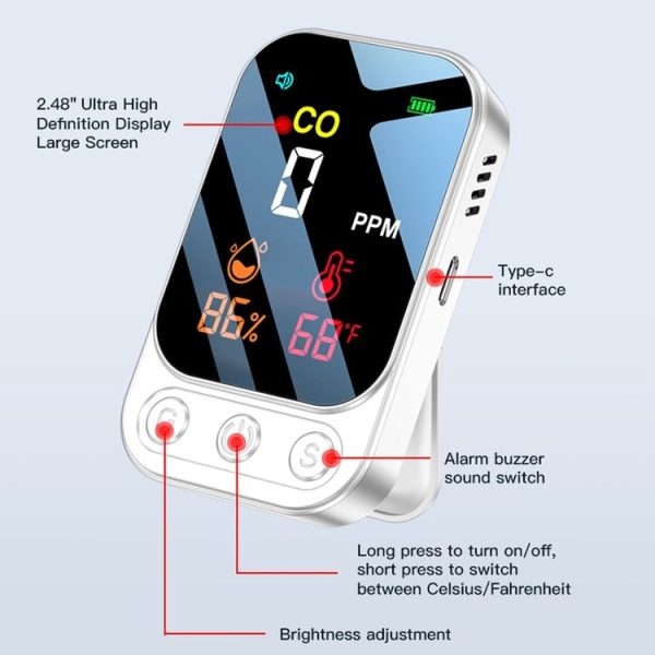 3 In 1 Multifunctional Portable Carbon Monoxide Detector (Black) - Image 4