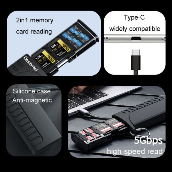 Desiontal DK10 Portable High-Speed Computer Phone Read / Write 2 In 1 Card Reader Large Capacity Flash Card Case (Black) - Image 4