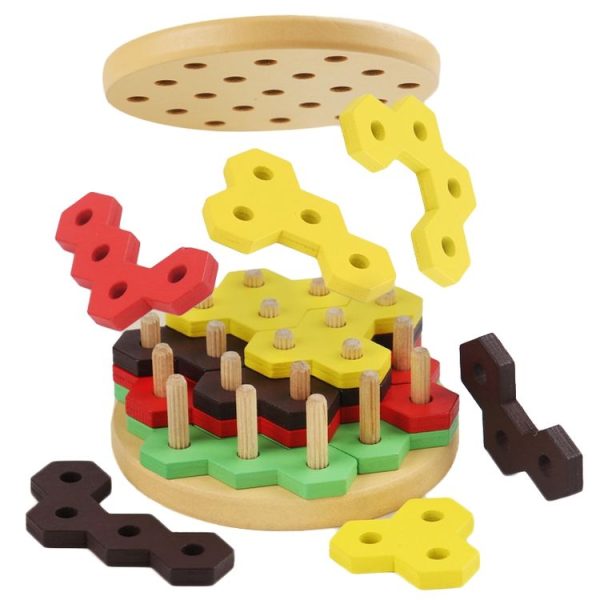 Montessori Hamburger Building Blocks Wooden Geometric Sorting Stacking Game Kids Early Learning Puzzle Toy (Colorful)