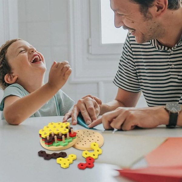 Montessori Hamburger Building Blocks Wooden Geometric Sorting Stacking Game Kids Early Learning Puzzle Toy (Colorful) - Image 11