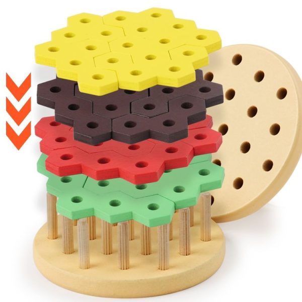 Montessori Hamburger Building Blocks Wooden Geometric Sorting Stacking Game Kids Early Learning Puzzle Toy (Colorful) - Image 2