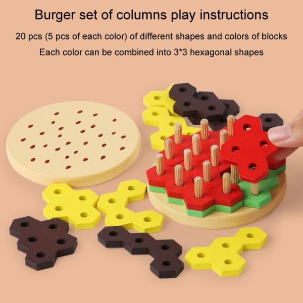 Montessori Hamburger Building Blocks Wooden Geometric Sorting Stacking Game Kids Early Learning Puzzle Toy (Colorful) - Image 6