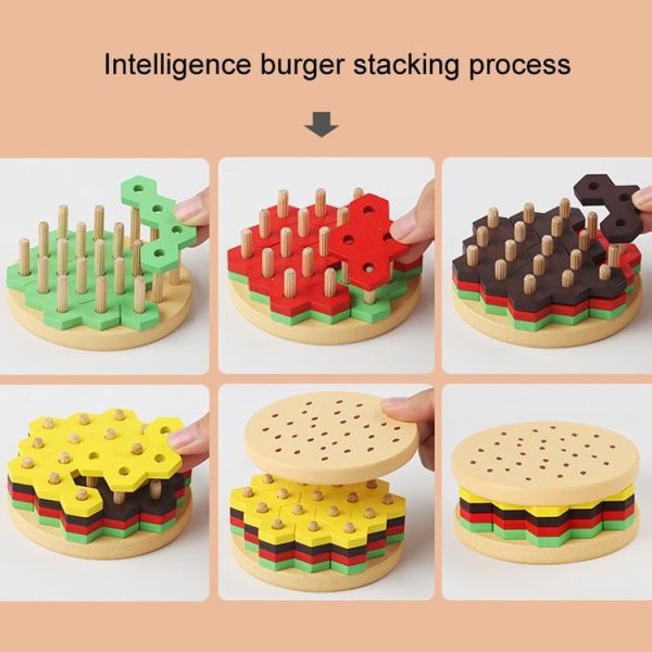Montessori Hamburger Building Blocks Wooden Geometric Sorting Stacking Game Kids Early Learning Puzzle Toy (Colorful) - Image 8