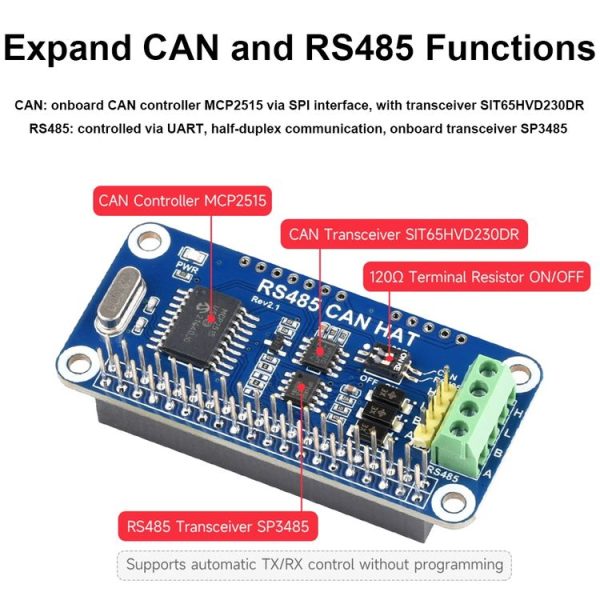 Waveshare 14882 For Raspberry Pi RS485 SPI CAN HAT Bus Module - Image 6