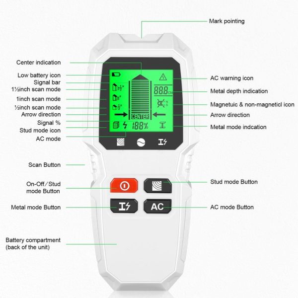 HW-QB6 5 In 1 Wall Scanner Handheld Stud Finder Wood Current Metal Live Wires Detection (Black) - Image 7