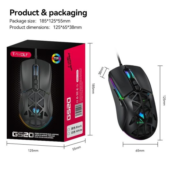 T-WOLF G520 7-keys RGB Marquee Honeycomb Hollow Gaming Wired Mouse (Black) - Image 3