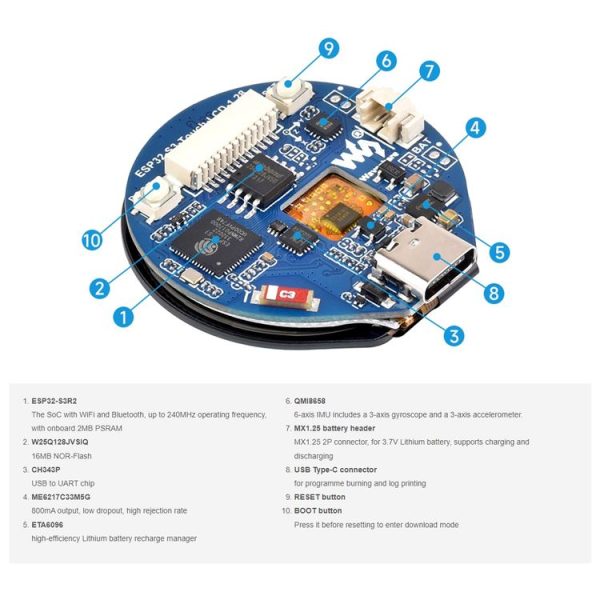 Waveshare 26959 ESP32-S3 1.28inch LCD Development Board, 32-Bit LX7 Dual-Core Processor With Touch - Image 10