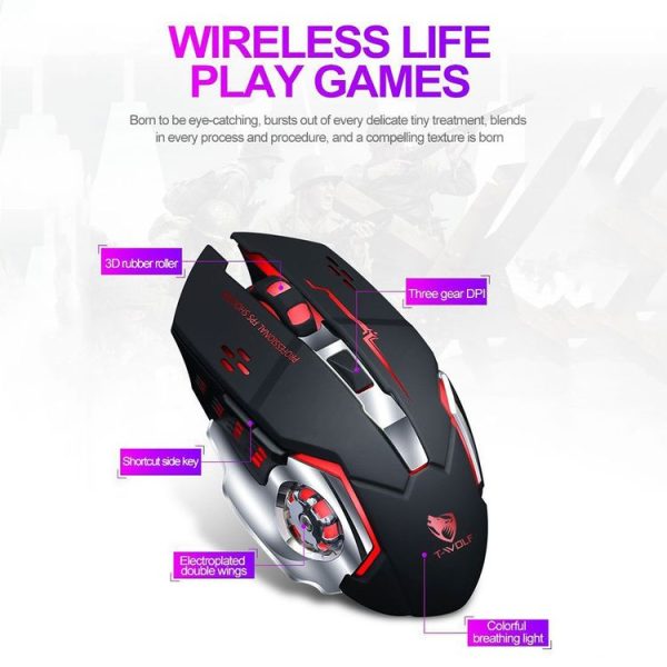 T-WOLF Q13 2.4GHz 6-keys RGB Colorful Light Gaming Wireless Mouse, Color: Single Mode Black - Image 3