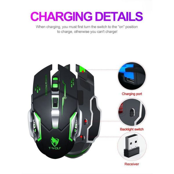 T-WOLF Q13 2.4GHz 6-keys RGB Colorful Light Gaming Wireless Mouse, Color: Single Mode Black - Image 5